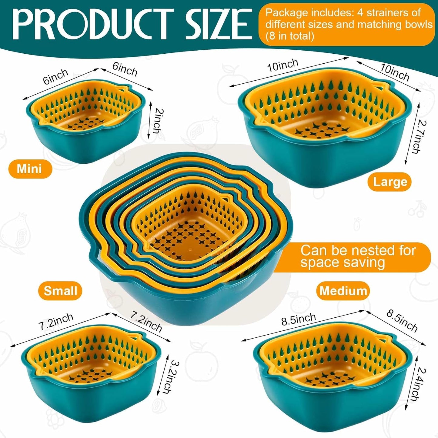 LemonRoad 8 Pcs Drain Colander Bowl Set Fruits and Vegetable Washing Strainer Detachable Double-layer Plastic Kitchen Food Basket, Kitchen Essential Gadgets (Orange, Green)
