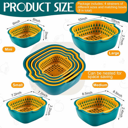 LemonRoad 8 Pcs Drain Colander Bowl Set Fruits and Vegetable Washing Strainer Detachable Double-layer Plastic Kitchen Food Basket, Kitchen Essential Gadgets (Orange, Green)