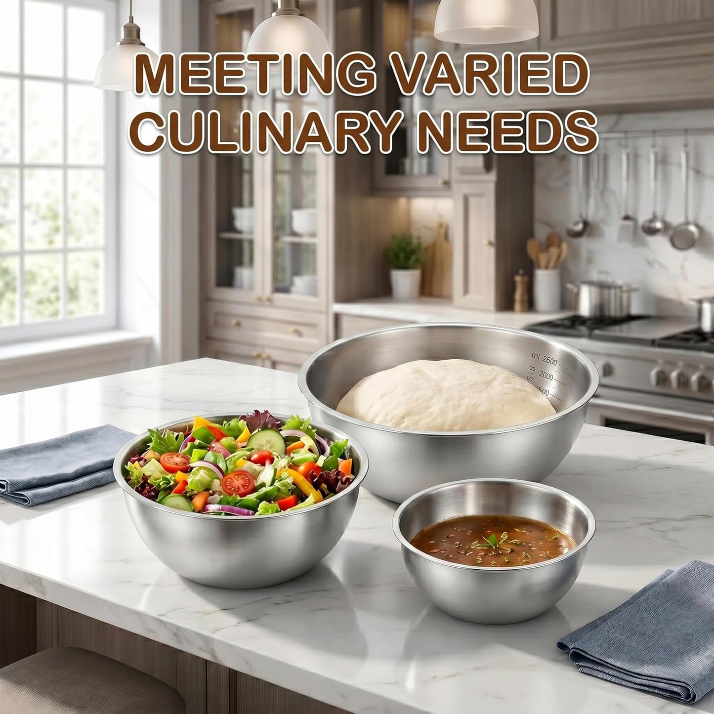 Stainless Steel Mixing Bowls Set of 3, 1.5/2.5/4 Qt Metal Mixing Bowls with Measurement Marks, Nesting Stainless Steel Bowl Set, Dishwasher Safe Stackable Kitchen Bowls for Baking, Salad & Meal Prep