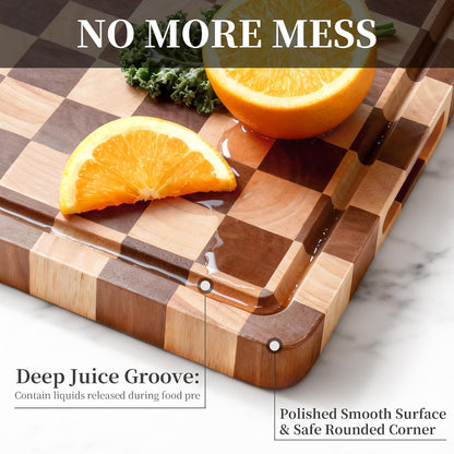 WILLKOMMEN Checkered Cutting Board Set, 3-Piece Wood Checkerboard End Grain Chopping Boards with Holder & Juice Groove Wooden Kitchen Cutting Board for Cooking and Serving (S, M, L)