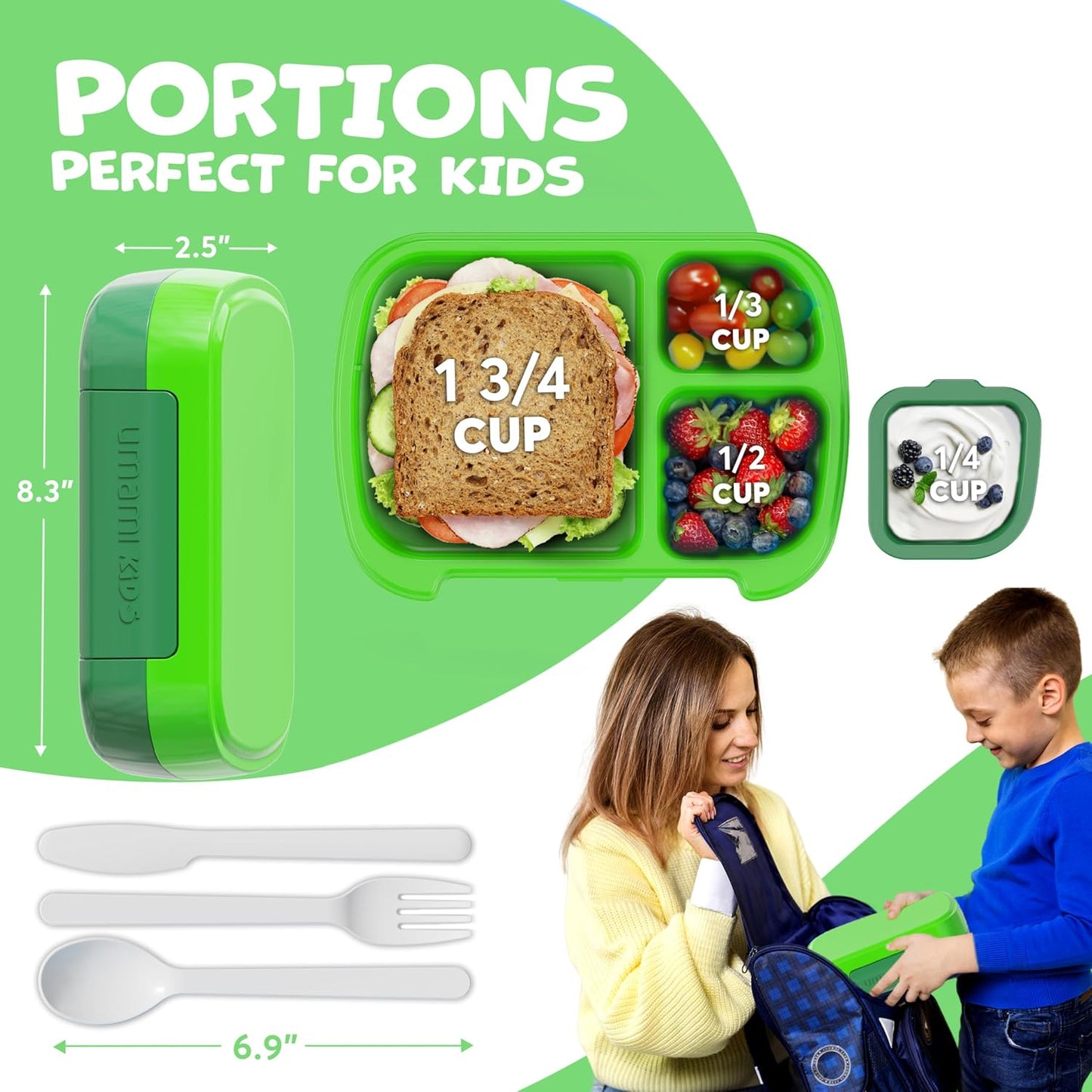 Umami All-in-1 Bento Box for Kids, Ice-pack & Utensils Included, 100% Leakproof & BPA free, Parents' favorite Lunch Box Kids (Green, 27 oz)