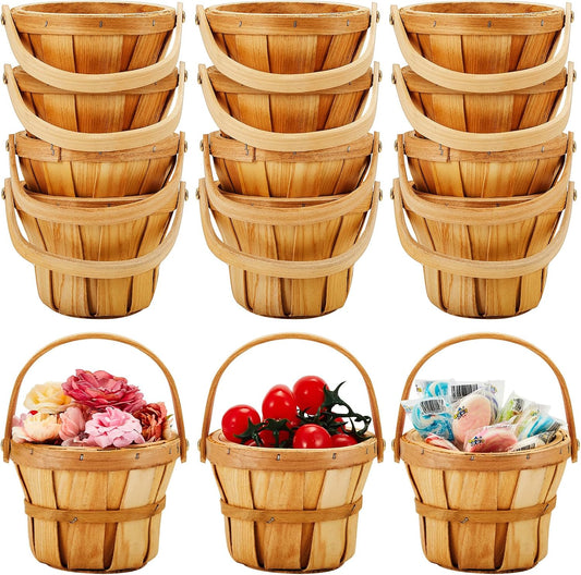 Marsui 15 Pcs Small Wooden Berry Baskets – 4 x 5.1 Inch Handcrafted Beach Baskets with Reinforced Handles, for Fruit, Market, Crafts, Gifts, Garden Picking & Decor (Brown)