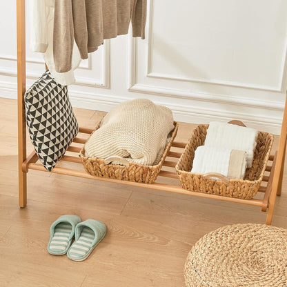 Woven Storage Baskets for Shelves (2-Pack), Handwoven Water Hyacinth Decorative Wicker Baskets with Wooden Handles for Pantry, Bathroom & Closet Organization (14.6" x 9.8" x 4.3")