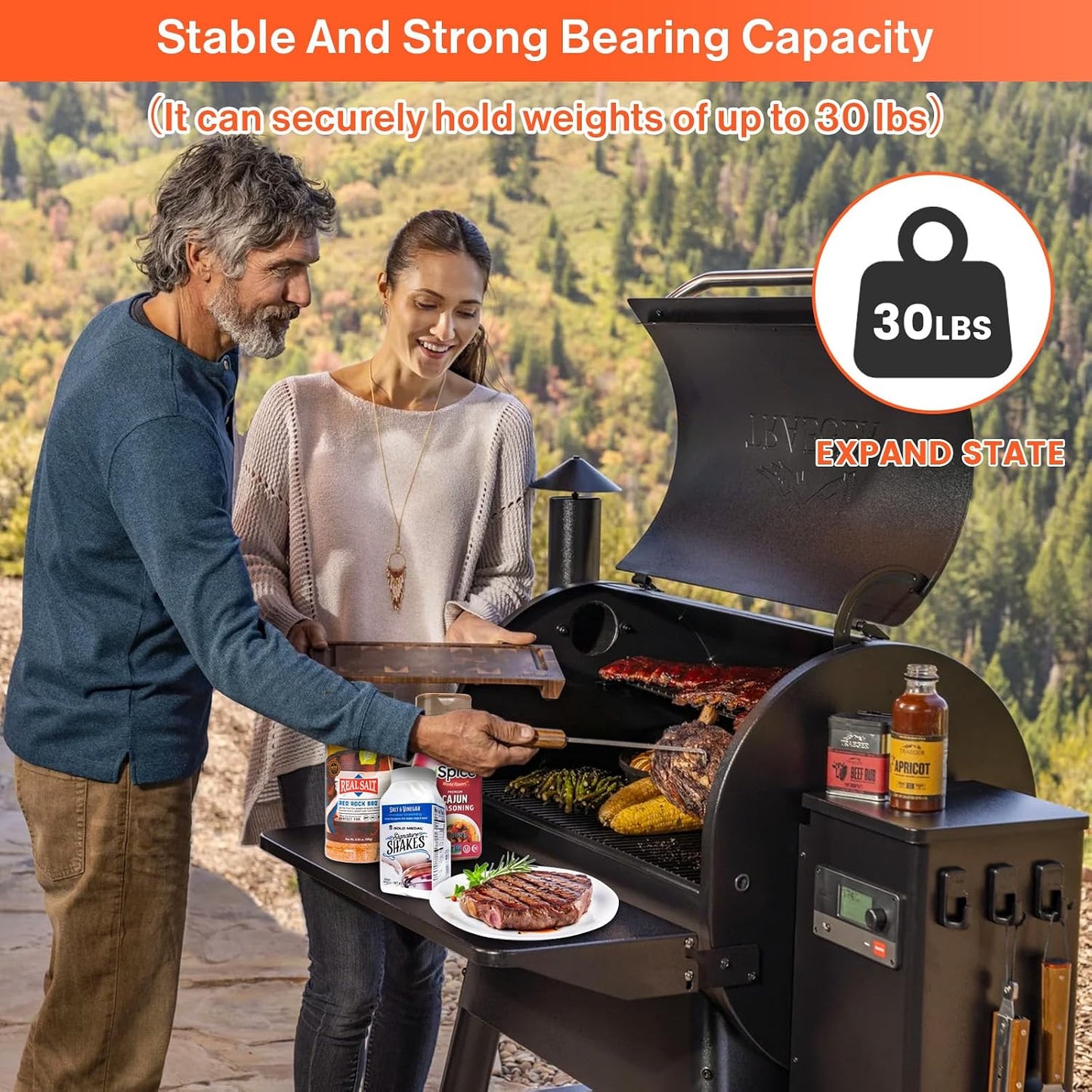 QuliMetal Folding Front Shelf for Traeger Pro 34, Texas Elite 34, Century 885 and Eastwood 34, 37" x 12" Heavy-Duty Grill Prep Table with Cutting Board, Stainless Steel Basin, Lid and 5 Hooks
