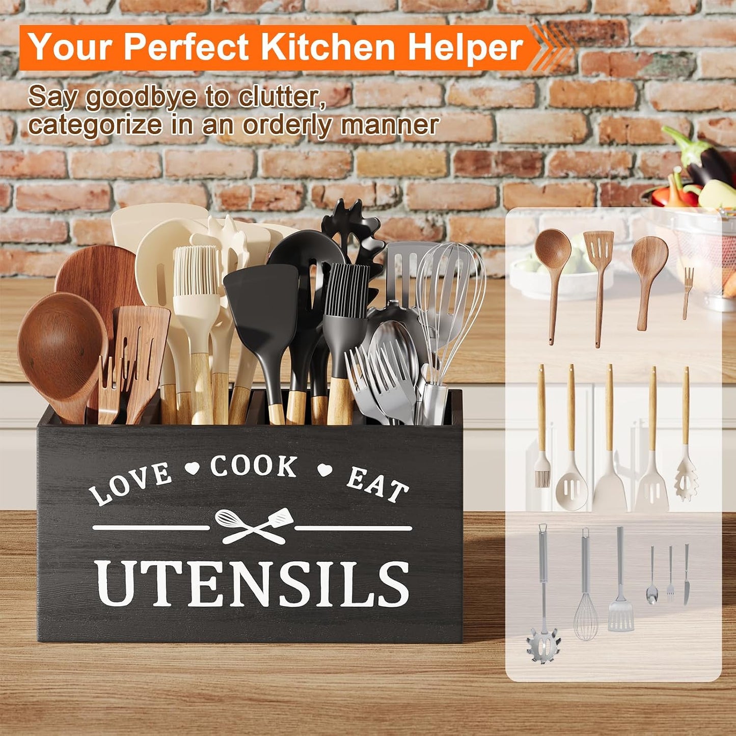 Acacia Wood Utensil Holder for Party, Paper Plate and Utensil Holder Caddy for Countertop, Kitchen Silverware Organizer Dispenser for Spoon, Napkin, Cup, Cutlery Holders for Outdoor, Camping, Picnic