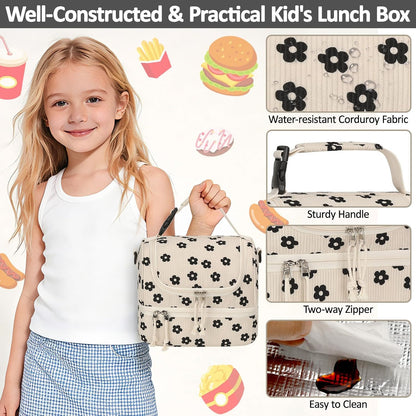 Vankor Corduroy Lunch Box Kids Insulated Lunch Bag Double Decker, Cute Leak-Proof Lunch Box for Boys Girls, Portable Cooler Lunch Bag Thermal Lunch Tote for School Picnic Travel, Light Blue