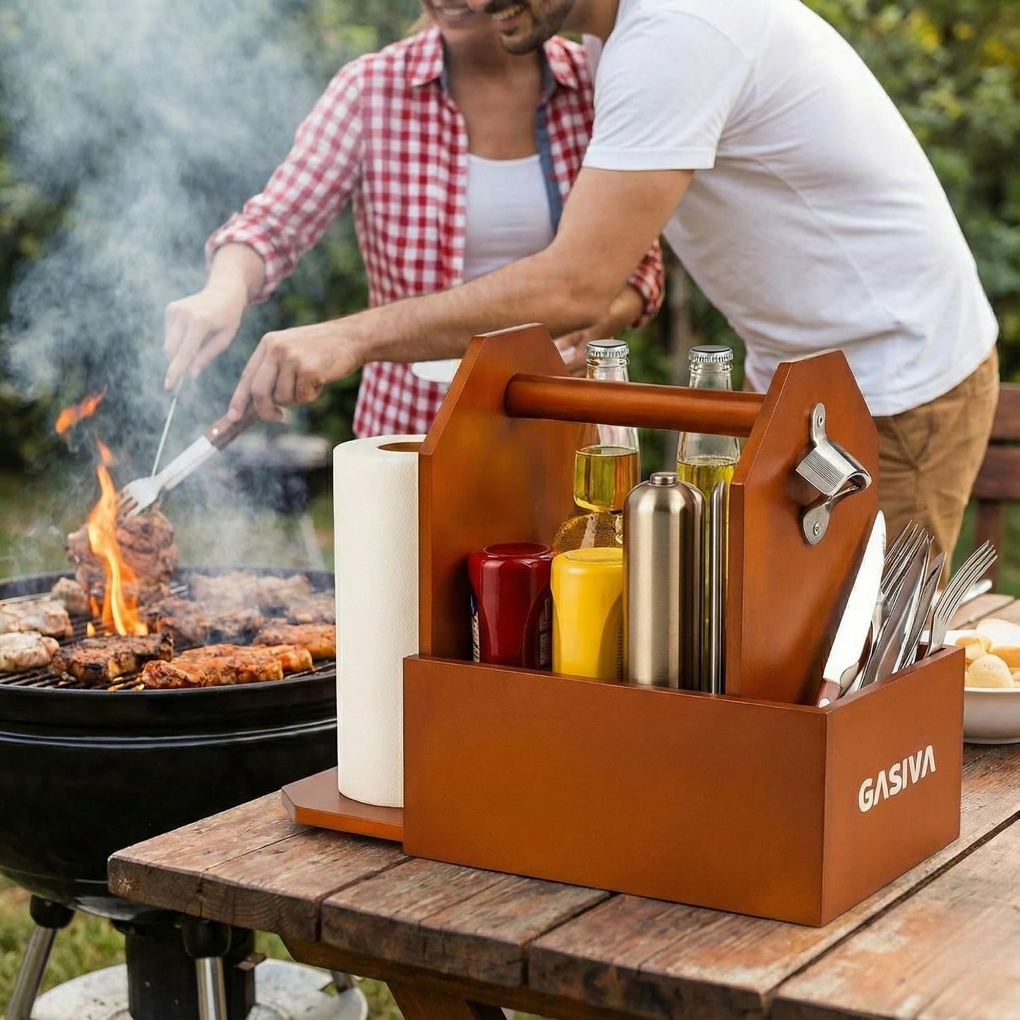 Grill Caddy for Outdoor Grill with Paper Towel Holder, Wooden BBQ Organizer for Utensils, Plates, Condiments and Silverware Rustic Picnic Table Caddy for Camping, Backyard Cooking and BBQ Accessories