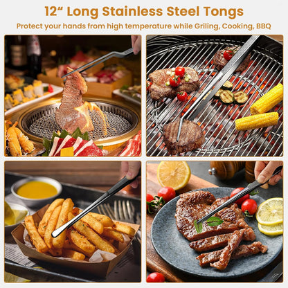 GEEKHOM 4-Piece 12 & 10-Inch Cooking Tongs: Professional Stainless Steel Scissor Tongs Set with Non-Slip Grip (Black)