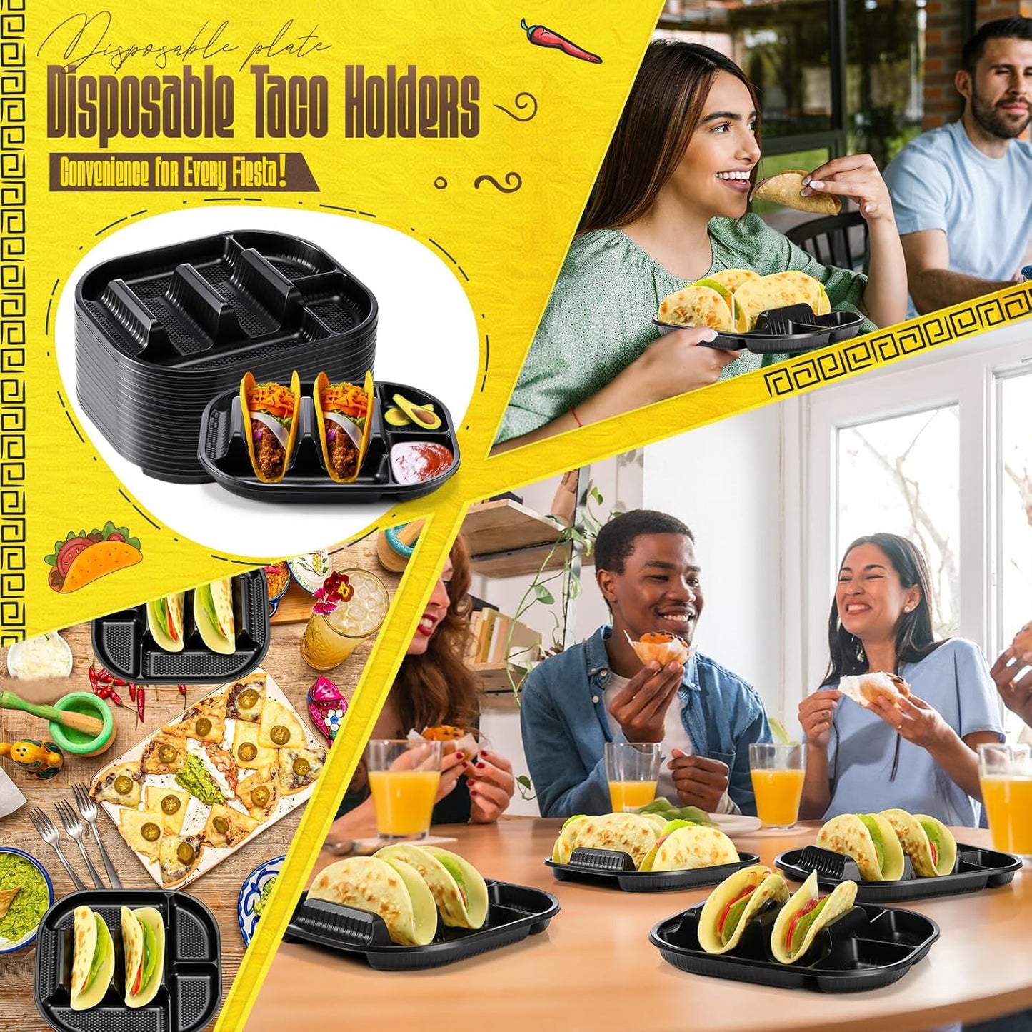 Baderke 40 Pack Disposable Plastic Taco Plates, Fiesta Tacos Holder Tray PP Taco Holder Plates with 2 Dividers for Soft & Hard Shells for Tacos Tuesday Bar, Parties, Picnics (Black)