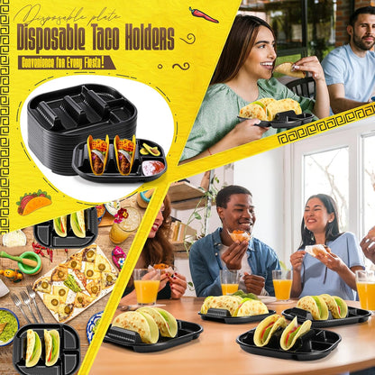 Baderke 40 Pack Disposable Plastic Taco Plates, Fiesta Tacos Holder Tray PP Taco Holder Plates with 2 Dividers for Soft & Hard Shells for Tacos Tuesday Bar, Parties, Picnics (Black)