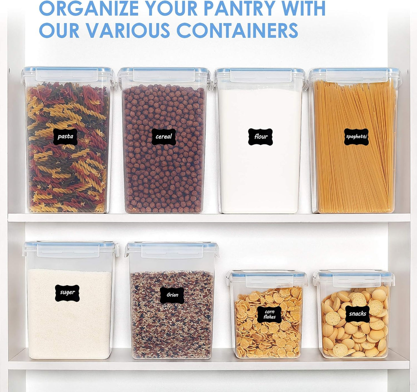 Vtopmart 4 PCS Large Food Storage Containers 5.2L / 175oz, 4 Pieces BPA Free Plastic Airtight Canisters for Flour, Sugar, Baking Supplies, Rice with Lids, 4 Measuring Cups and 24 Labels, Black