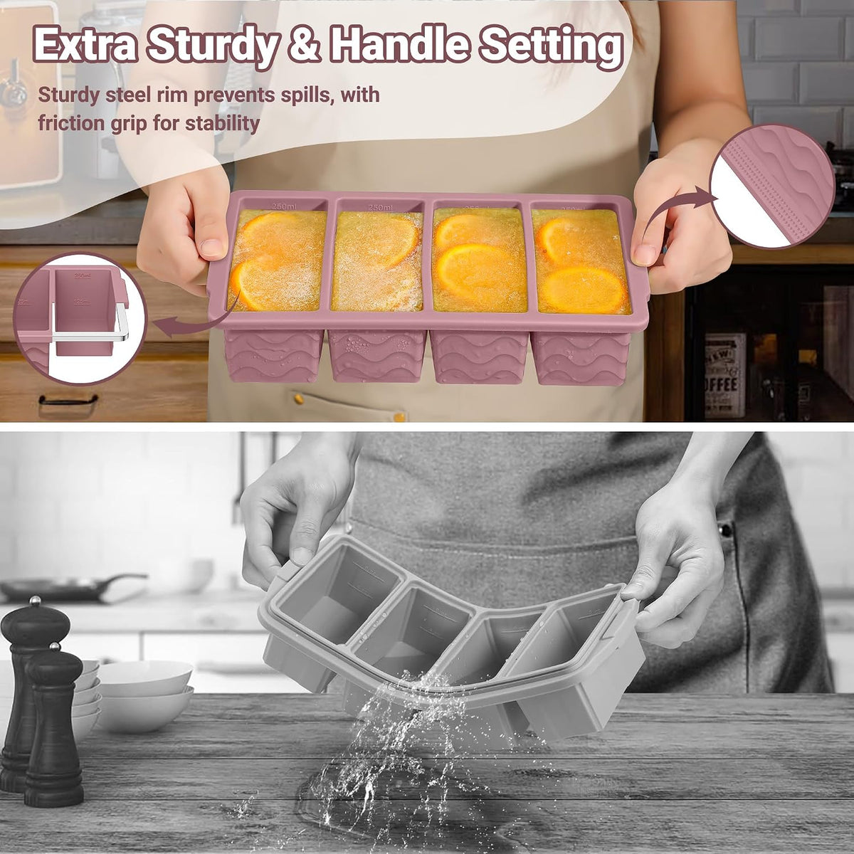 Doasuwish Silicone Freezer Molds for Soup with Lid – 1-Cup Soup Container Style Ice Cube Trays for Freezer, Meal Prep & Food Storage, Freeze 250mL/125mL Portions – 2 Pack