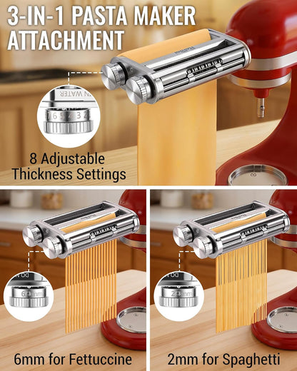 Pasta Maker Attachment for KitchenAid Mixer, 3-in-1 Metal Roller & Cutter