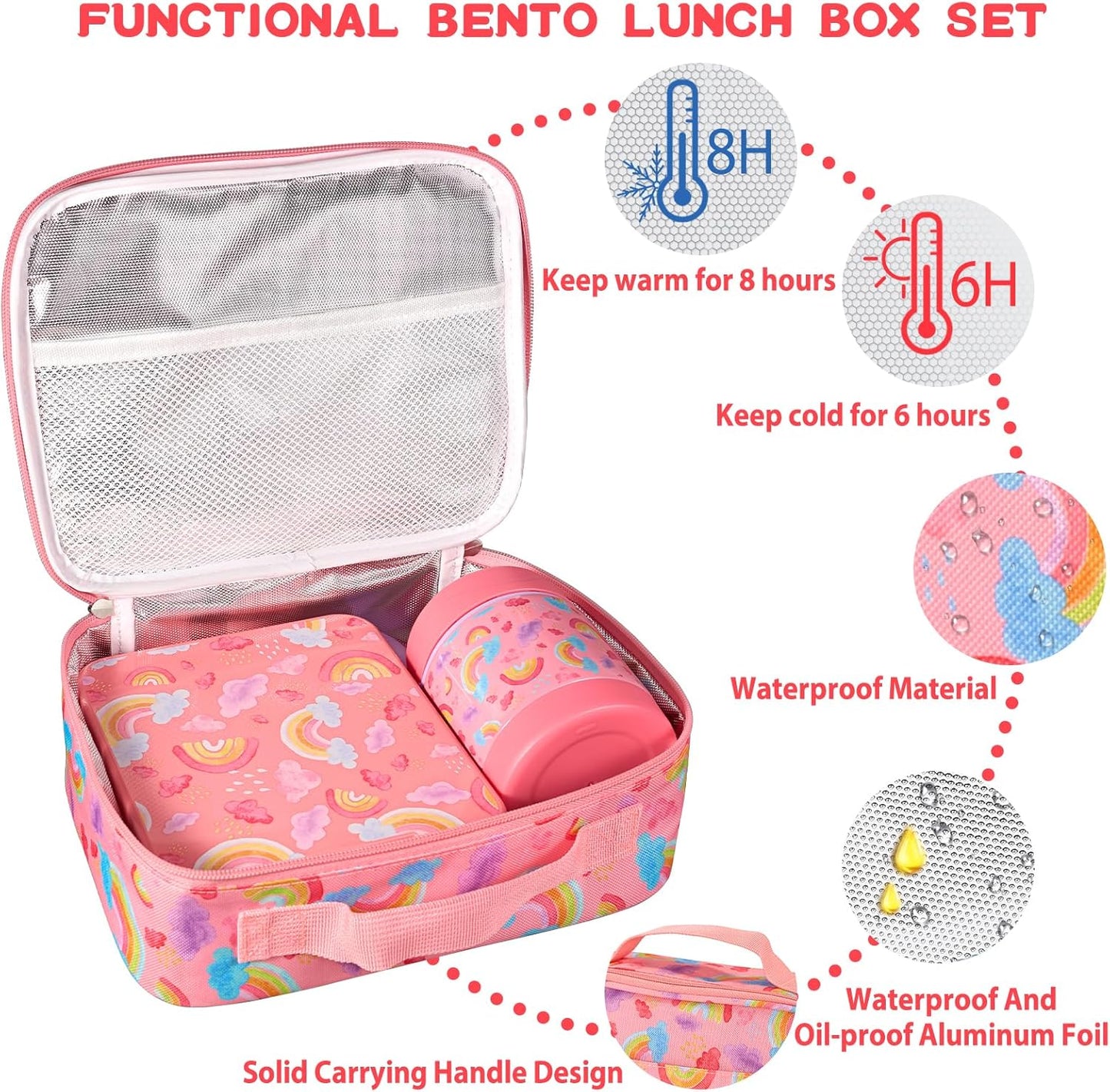 Bento Lunch Box Set for Kids with 10oz Soup Thermo, Leak-Proof Lunch Containers with 4 Compartment, Kids Thermo Hot Food Jar and Insulated Lunch Bag for Kid to School,BPA-Free(Dragon)