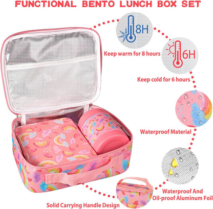 Bento Lunch Box Set for Kids with 10oz Soup Thermo, Leak-Proof Lunch Containers with 4 Compartment, Kids Thermo Hot Food Jar and Insulated Lunch Bag for Kid to School,BPA-Free(Dragon)