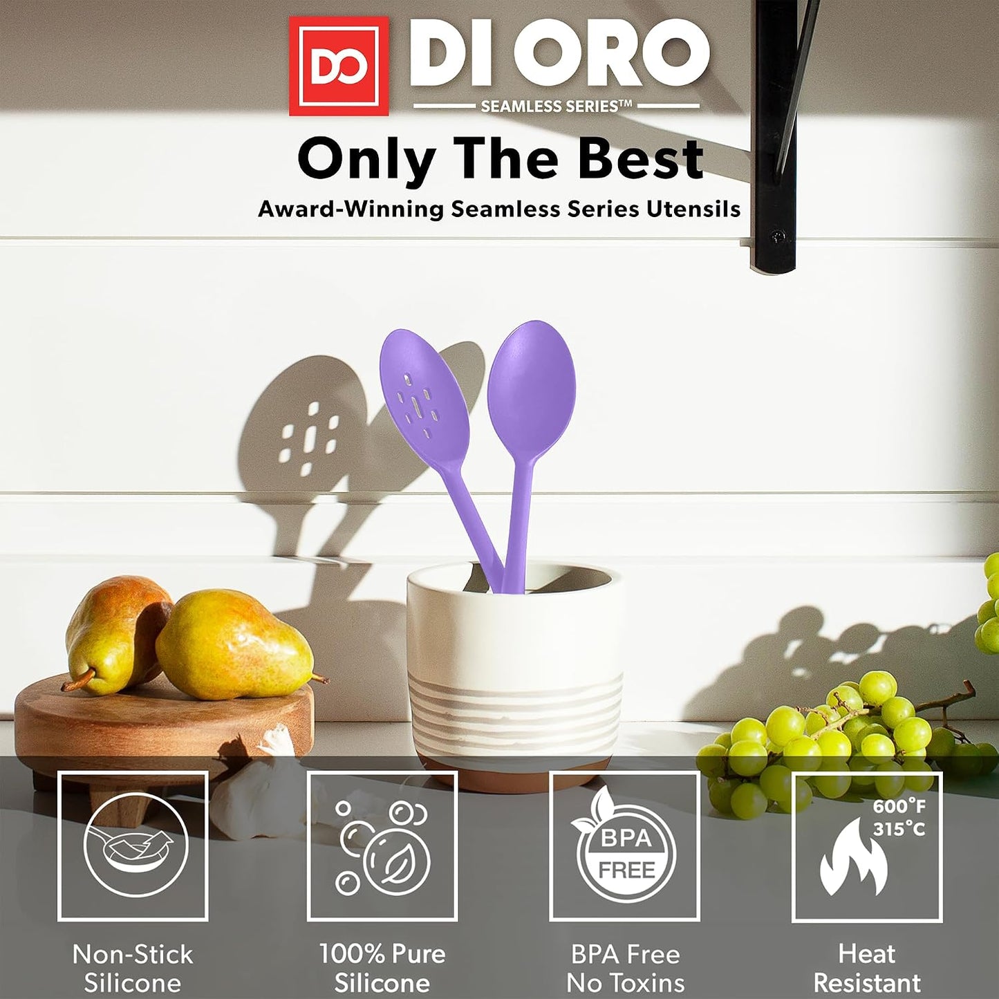 DI ORO Silicone Spoons for Cooking - Large Kitchen Spoons for Mixing, Serving, & Stirring - 600°F Heat-Resistant Non Stick Utensils – Big Solid & Slotted - Dishwasher Safe (2pc, Black)