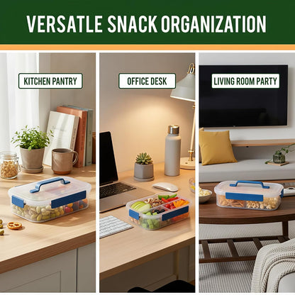 Li & Zhao Snackle Box Container - 4-Compartment Divided Snack Serving Tray with Silicone Handle, Perfect for Picnics, Leak-Proof, and Dishwasher-Safe Dressing Containers(Blue)