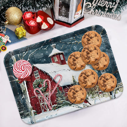4-Piece 15 x 11 Inch Christmas Serving Tray Set, Melamine Reusable Platters with Red Barns, Snowmen, Horses, and Truck, Holiday Party Snack, Fruit, Dessert, and Candy Dishes