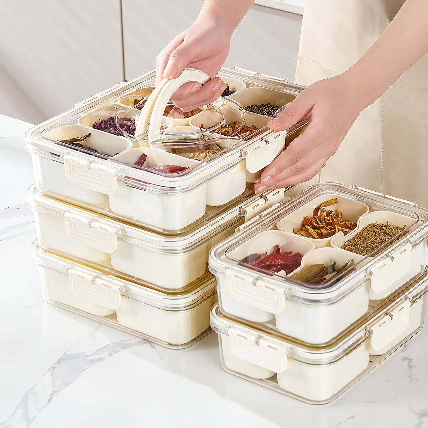 Divided Serving Tray with Lid for Veggie Charcuterie Container Portion Control Salad Keeper with 4 Removable Boxes Stackable Refrigerator Organizer Bins Food Storage Organizer Produce Saver