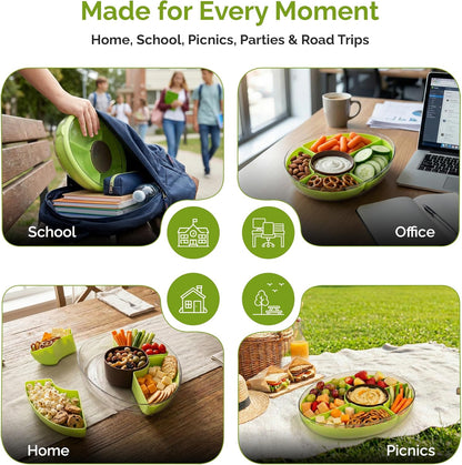 Divided Serving Tray with Lid, 5 Removable Compartments Snack & Veggie avocado shaped Tray with Center Dip Bowl, Portable Food Storage Container for Fruit, Charcuterie, Travel, Work & Parties