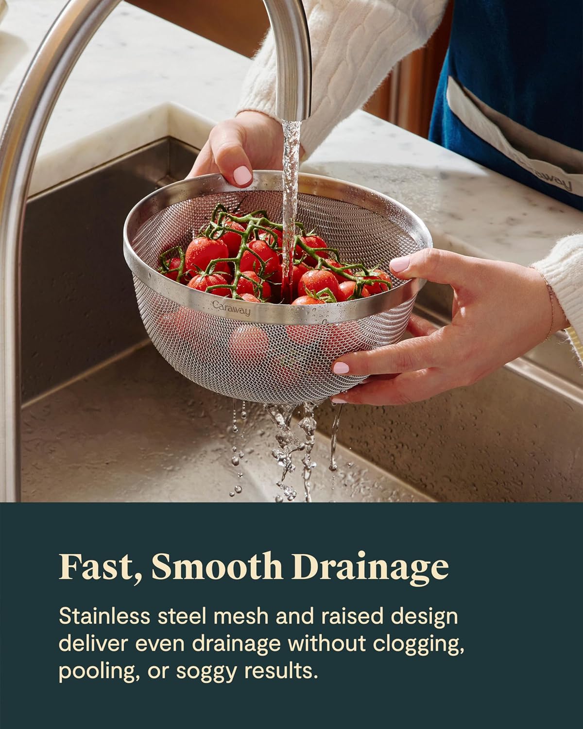 Caraway Stainless Steel Strainer - 2 qt Kitchen Strainer - Mesh Colander with Raised Base for Efficient Drainage - Non-Toxic, PFAS-Free