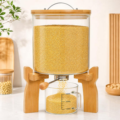 Goaste Glass Rice Dispenser with Bamboo Stand, 5L Flour Cereal Container with Airtight Lid, 8 Lbs Large Grain Food Storage Bucket, Countertop Beans Storage Tank with Measuring Cup & Valve for Dry Food