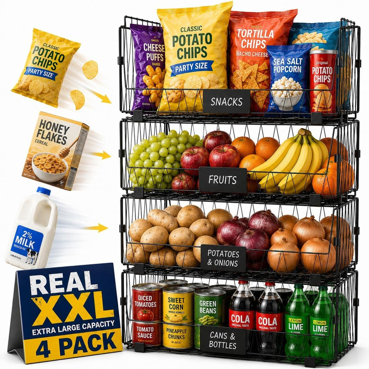 4 PACKS XXL Kitchen Organization and Storage Pantry Baskets, Fruit & Vegetable Basket for Kitchen Cabinet, Stackable Wire Baskets for Snack Chips Onion Potato Cans