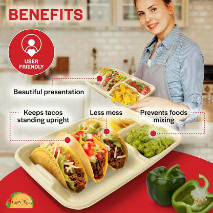 3-Taco & 2-Sides Taco Plates, Disposable Paper Plates with Dividers – 25 PACK | Taco Tray for Party, Fiesta Taco Holder, Taco Stand for Taco Tuesday & Taco Bar, Microwave-Safe Taco Plates (25 Plates)