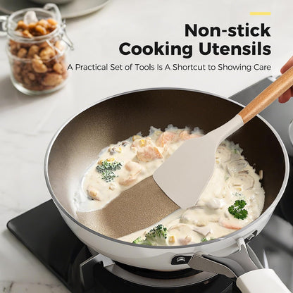 Hvygss Kitchen Utensils Set with Wooden Handle, 26 Pieces Heat Resistance Silicone Cooking Utensils Set with Holder, Food Grade Non-Stick Silicone Spatula, Kitchen Set for Cooking (Khaki)