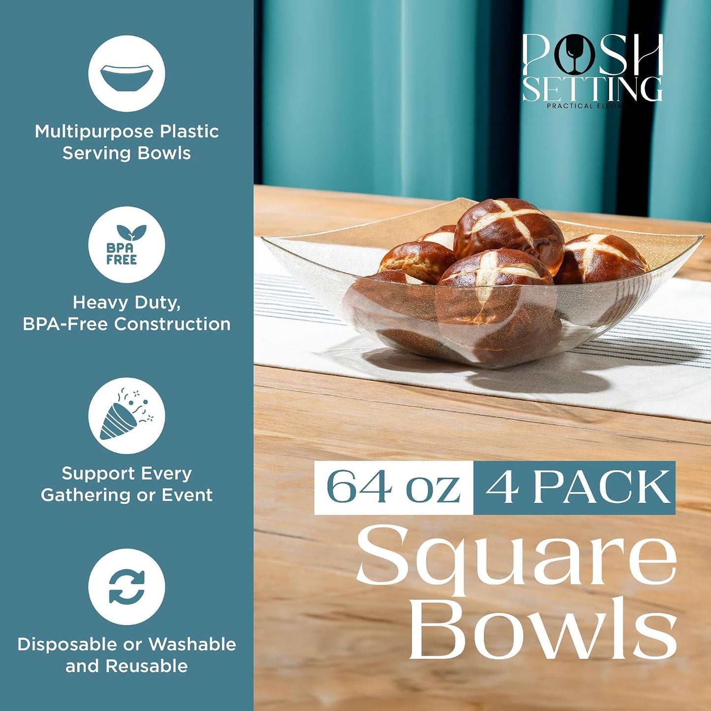Posh Setting - White Plastic Square Serving Bowls for Party (16oz - 4 Pack), Disposable & Candy Containers for Party Table & Buffet