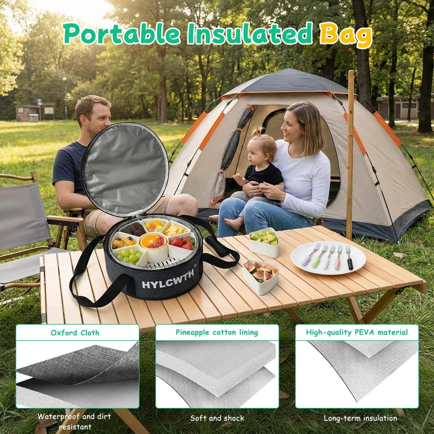 Divided Serving Tray with Lid and Handle, Rounded Snackle Box with 6 Compartments and Chill Base for Fruits, Candy, Veggie, Travel Snack Container with Portable Insulated Bag & Ice Cube Tray & 5 Forks