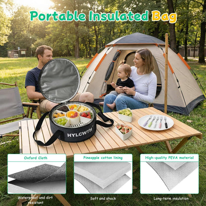 Divided Serving Tray with Lid and Handle, Rounded Snackle Box with 6 Compartments and Chill Base for Fruits, Candy, Veggie, Travel Snack Container with Portable Insulated Bag & Ice Cube Tray & 5 Forks
