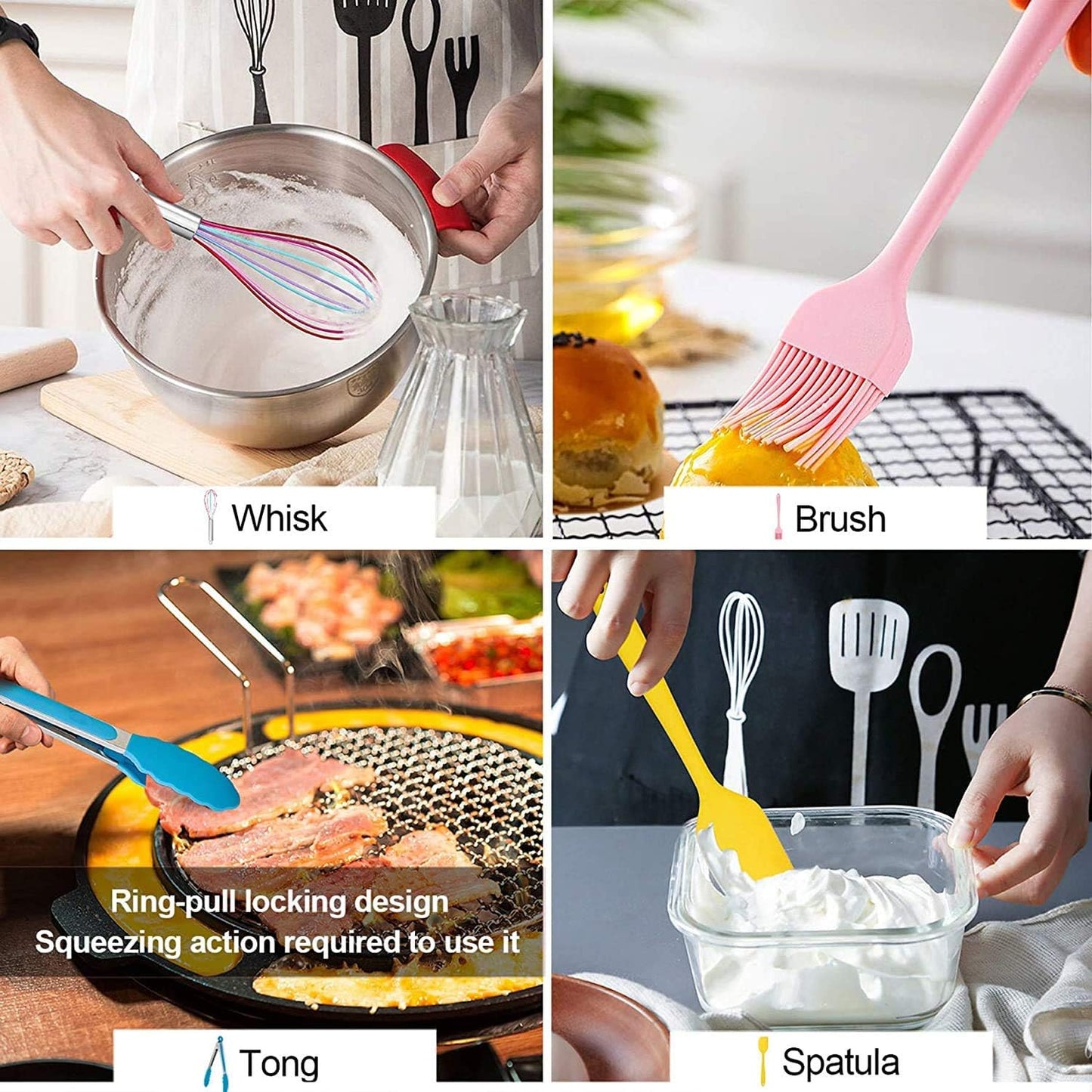 18-Piece Silicone Kitchen Utensils Set, Colorful Non-Toxic Cooking Tools, BPA Free Heat Resistant to 446°F, Safe for Non-Stick Cookware, Spoons Spatula Tongs Whisk Ladle, Dishwasher Safe by TIBLEN