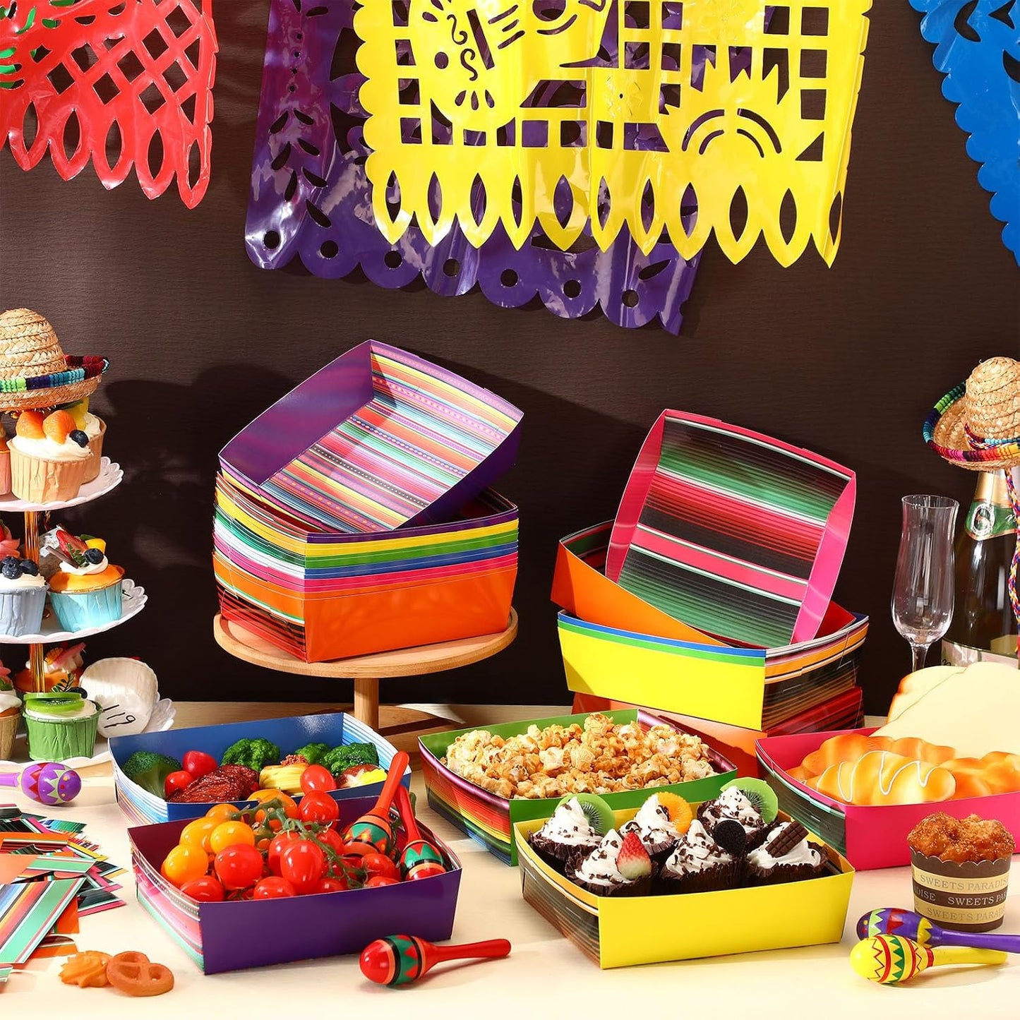 Harloon 36 Pack Mexican Nacho Trays 5 lb Extra Large Mexican Paper Food Trays Fiesta Disposable Cardboard Serving Boats for Cinco De Mayo Taco Fries Snacks Birthday Party Supplies(Floral)