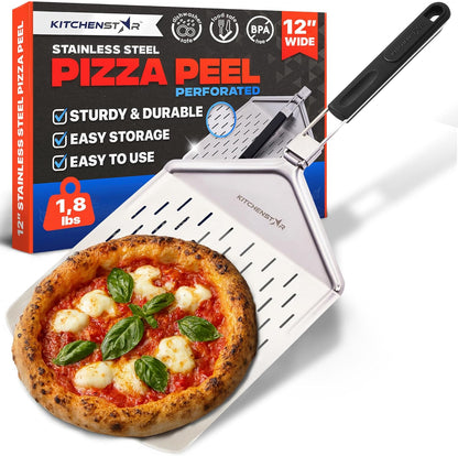 12-Inch Stainless Steel Pizza Peel with Folding Handle, Silver Non-Perf