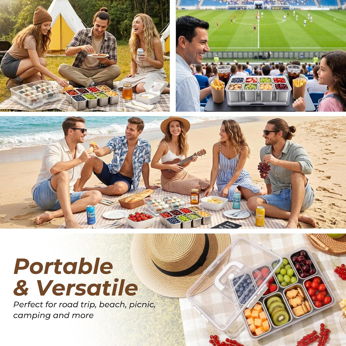 Homelove Snackle Box Container with ice-pack, Snack Container Divided Serving Tray with 8-Compartment Snack Platter, Lid and Handle, Food Organizer for Outdoor Travel Party Beach Picnic