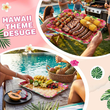 Rtteri 6 Pcs Hawaiian Luau Party Serving Trays 13" x 10" Reusable Plastic Tropical Melamine Dishes for Hawaii Luau Party Summer Platters Tableware Decoration
