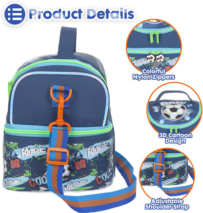 Kids Double Decker Cooler Insulated Lunch Bag, Back to School Large Meal Tote for Boys, Girls, Men, Women, with Adjustable Strap, Soccer