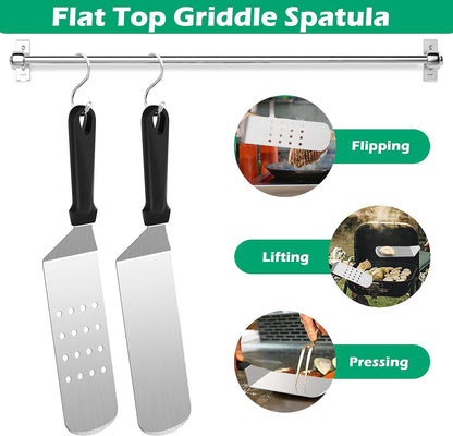 Metal Spatula Set, HaSteeL Stainless Steel Griddle Spatula Tools Kit with Wooden Handle, Heavy Duty Long Pancake Flipper Burger Turner for BBQ Teppanyaki Flat Top Grilling Cooking Outdoor & Indoor