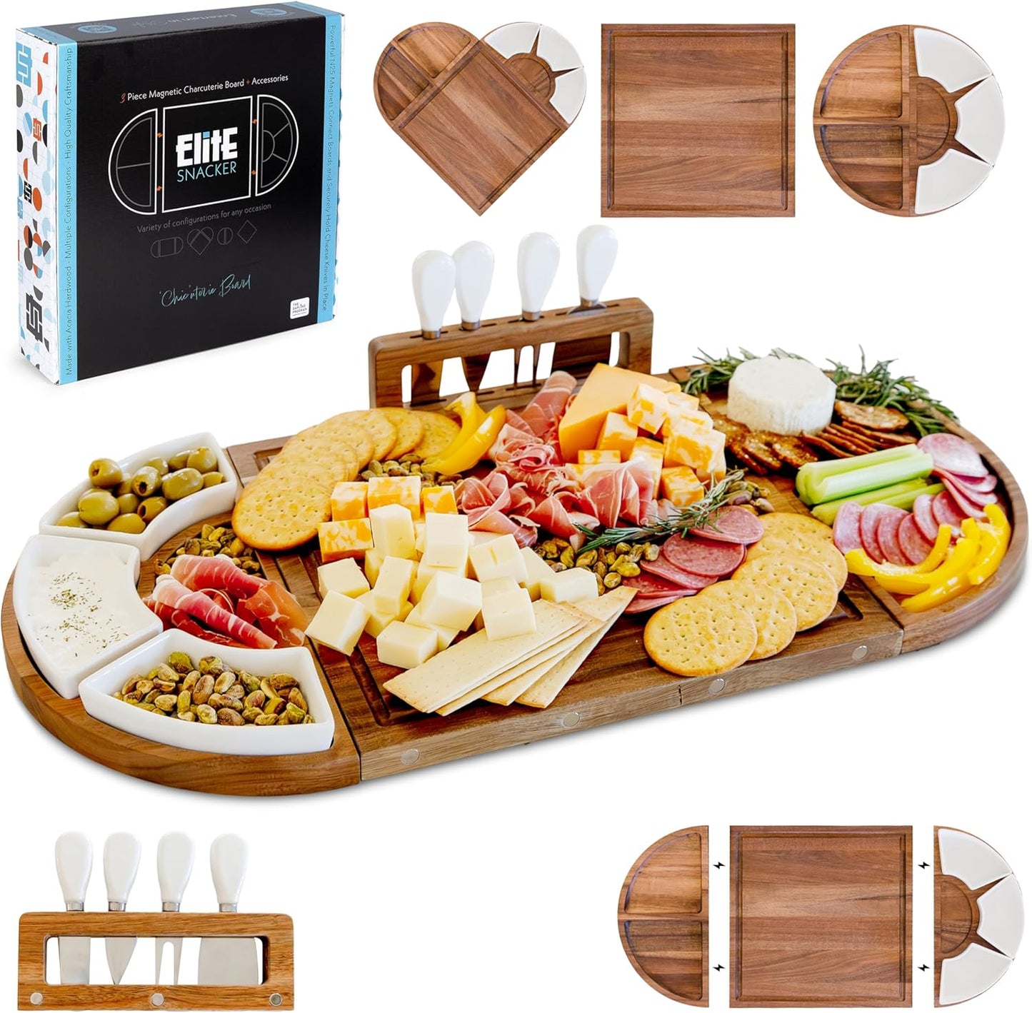 Large Wooden Charcuterie Board Set (Premium Finish) - 3-Piece Magnetic Long Serving Board Tray with Charcuterie Accessories - Acacia Wood Cheese Platter with Cheese Knife Set & Dishes - Brown