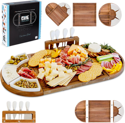 Large Wooden Charcuterie Board Set (Premium Finish) - 3-Piece Magnetic Long Serving Board Tray with Charcuterie Accessories - Acacia Wood Cheese Platter with Cheese Knife Set & Dishes - Brown