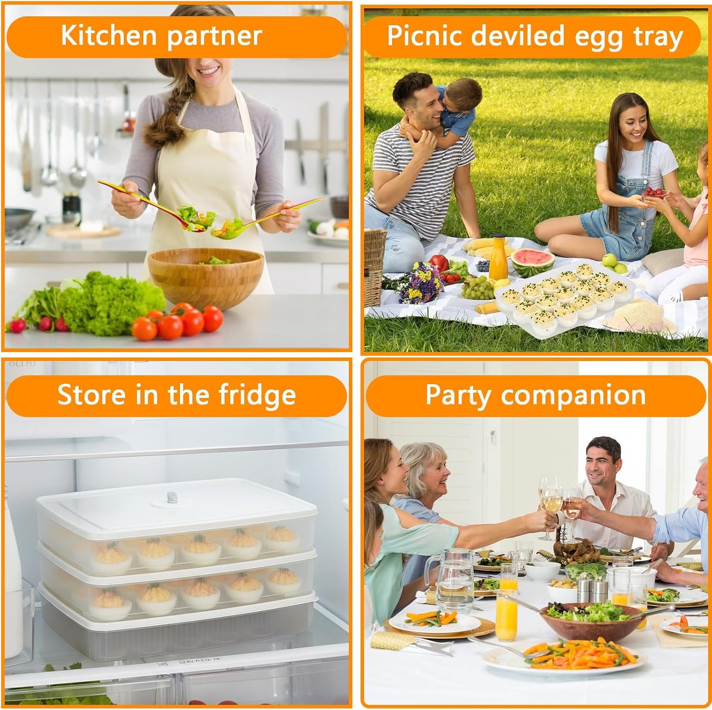 3Tier Deviled Egg Containers with Lid,Plastic Egg Container for Refrigerator with Handle,Deviled Egg Carrier for 72 Eggs,Kitchen,Festival Party, Stackable Egg Holder for Fridge (White)