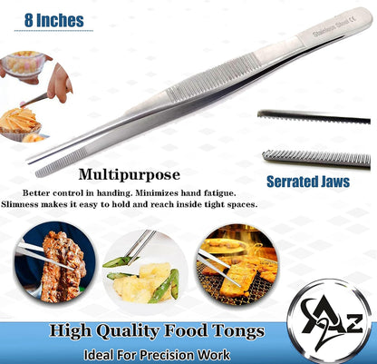 6 Inch Professional Culinary Stainless Steel Precision Tongs with Serrated Tips, Plating/Food Presentation Detailing Serving Tongs, Chef's Kitchen Tweezer Tongs - Ultra Non-Slip Grip