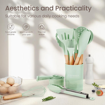 26 Pcs Silicone Cooking Utensils Set with Holder, NCUE BPA Free Kitchen Utensils Set for Cooking, 446°F Spatulas Silicone Heat Resistant Wooden Handle Spoon Tongs Non-stick Kitchen Gadgets (Khaki)