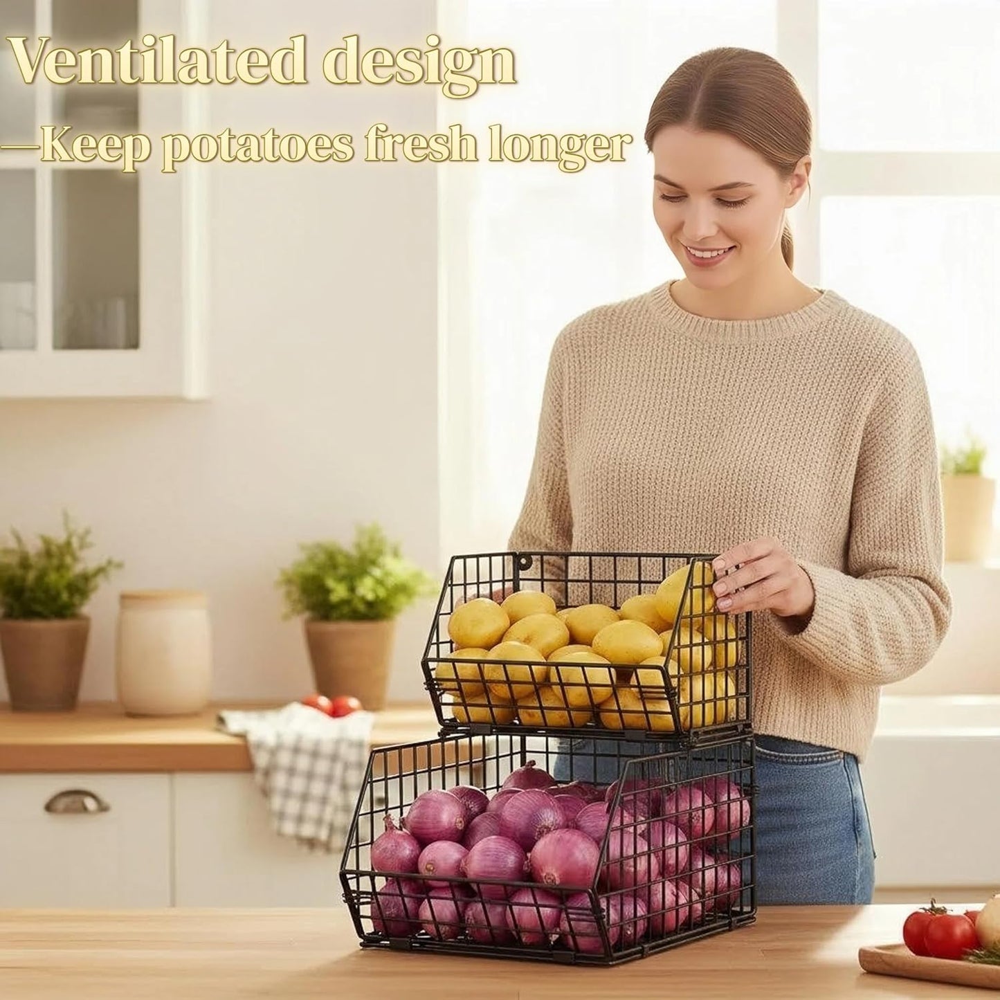 3-Tier Stackable Wire Baskets for Counter, Fruit and Vegetable Storage, Potato and Onion Storage Bin，Kitchen Pantry Organizer - Wall Basket for Produce/Snack/Can, Black