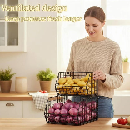3-Tier Stackable Wire Baskets for Counter, Fruit and Vegetable Storage, Potato and Onion Storage Bin，Kitchen Pantry Organizer - Wall Basket for Produce/Snack/Can, Black