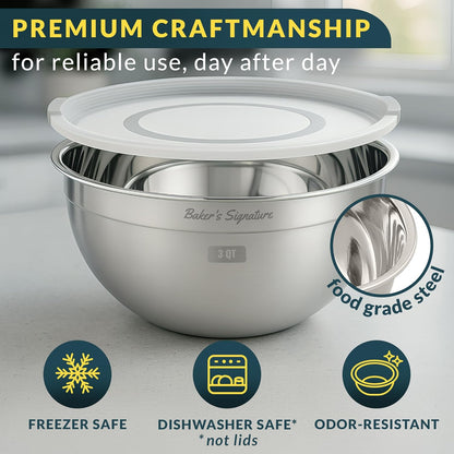 Baker's Signature Stainless Steel Mixing Bowls With Lid, Metal Mixing Bowl Set Of 5, Nesting Set For Food Prep, Baking,Storage, Cooking, Serving | Dishwasher Safe, 0.5/1.5/3/4/5 Qt