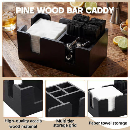Mifoci Wooden Bar Caddy with 6 Compartments, Acacia Wood Bar Caddy Napkin & Straw Holder Organizer Cocktail Napkin Holder Condiments for Home Office Kitchen Countertop (Brown, 10.6 L x 5.5 W)