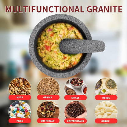 Large Mortar and Pestle Set- 4 Cup Unpolished Granite Bowl Heavy Duty Molcajete Mexicano Guacamole Pastes Pestos Salsa Bowl, Grind Seeds, Herbs, Pills, Kitchen Lab Muddler, Gray, 8 Inches