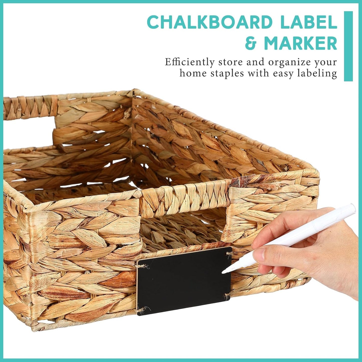 Nitial 8 Pcs Wicker Storage Basket, Rectangular Water Hyacinth Storage Basket for Shelving, Foldable Woven Pantry Organizer with Chalkboard Label and Chalk Marker (Natural,12 x 9 x 5 Inch)